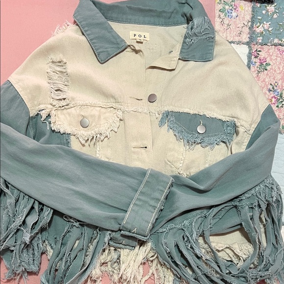 POL Two-Tone Fringe Jacket in Cream and Blue - Picture 1 of 3